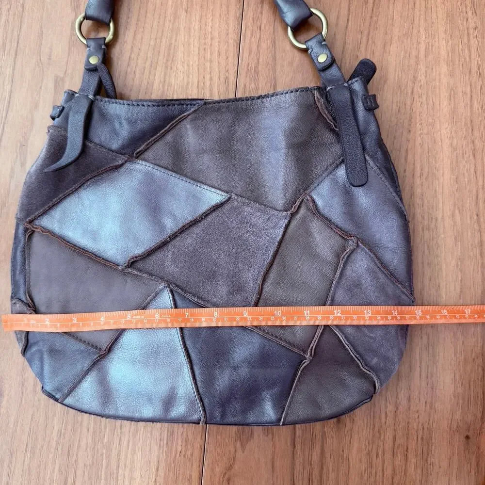 Lucky Brand Leather Suede Patch Silver Pewter Bronze Brown Shoulder Bag Hobo